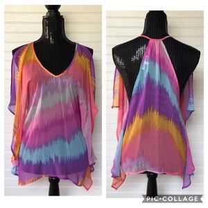 Rainbow Watercolor Split Flutter Sleeve Blouse